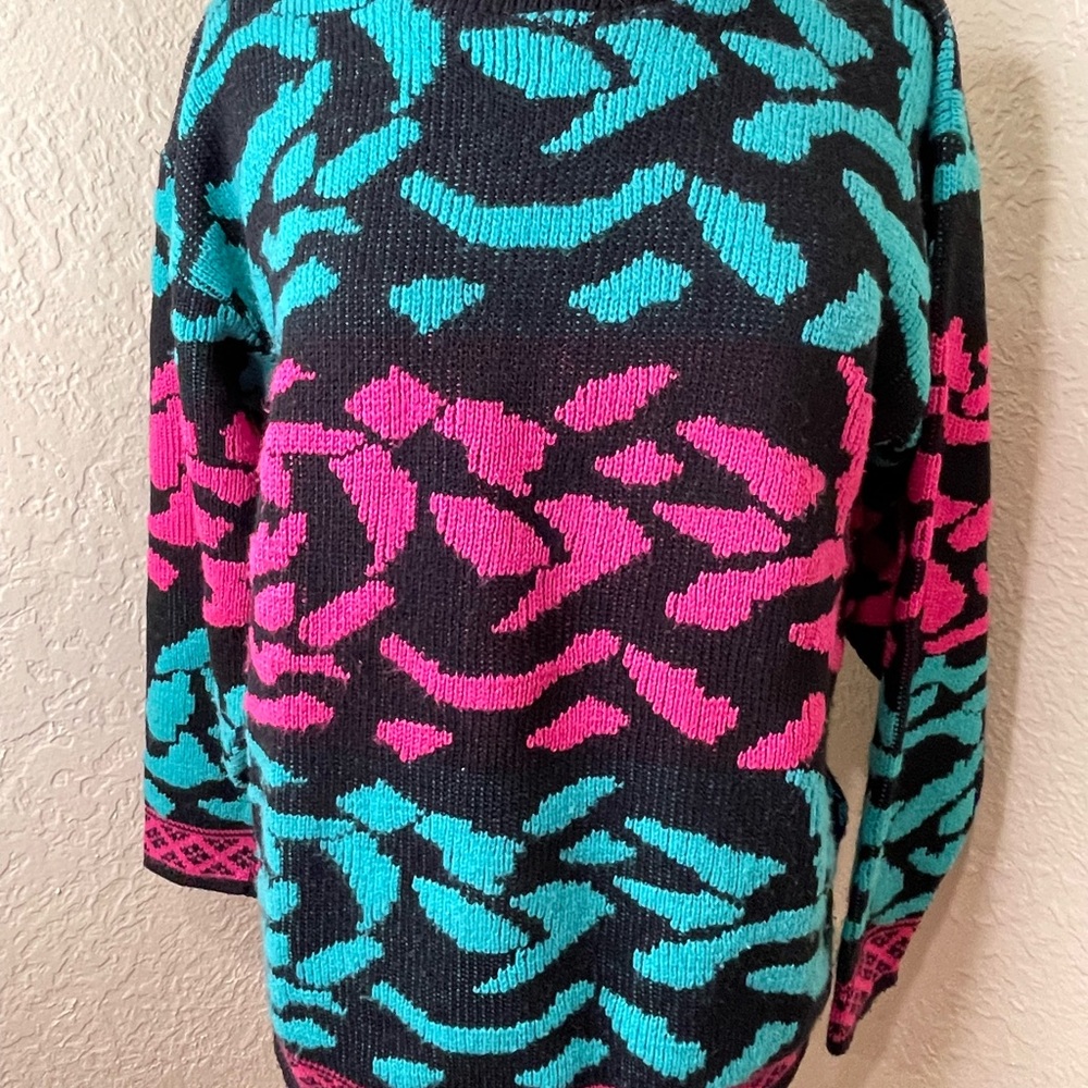 VTG Mackinaw Woolens Sweater Pullover Knit Traverse Bay Black Pink Cheetah Sz M